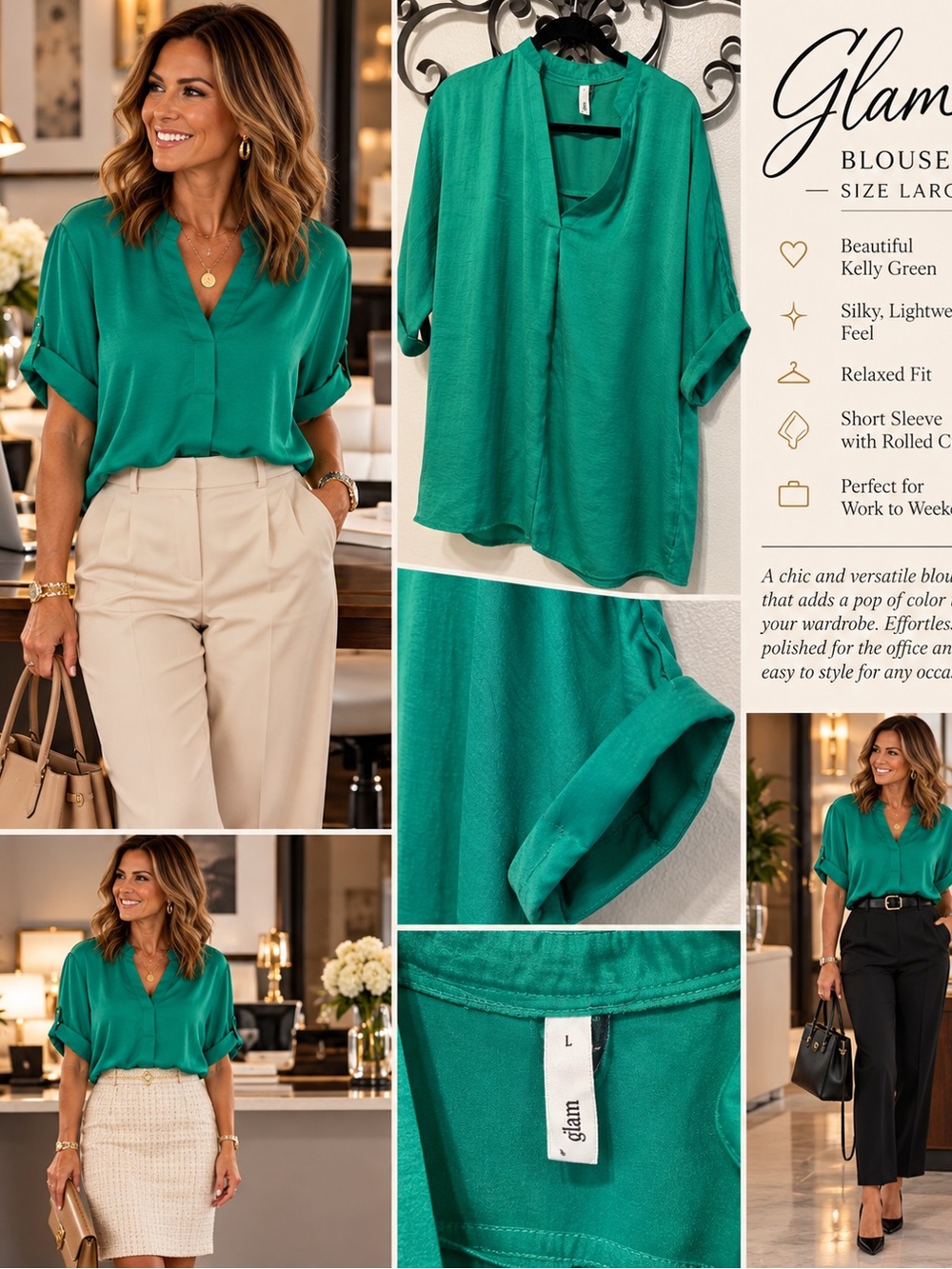 glam Kelly Green V-Neck Blouse - Rolled Short Sleeve Women's Top
